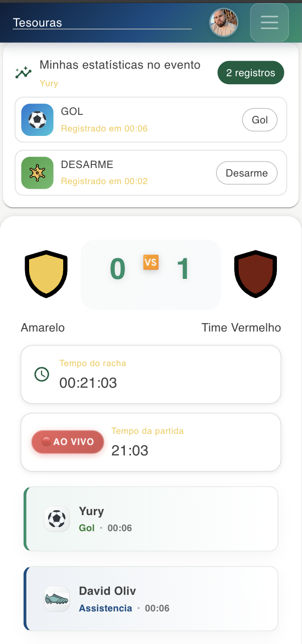 Tela de partida ao vivo do FutBora com placar e registro de gols