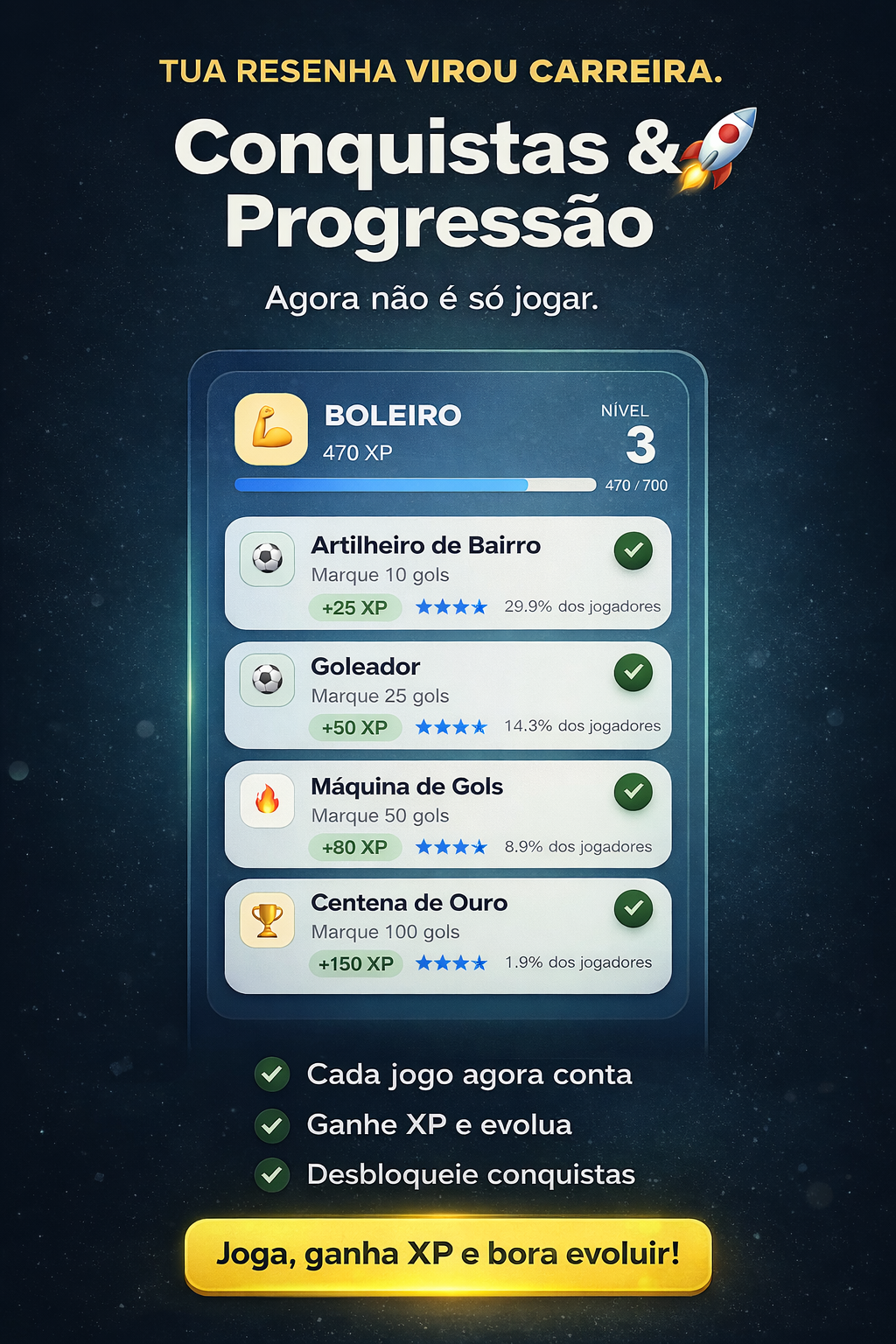 App FutBora — conquistas e progressão de carreira do jogador com XP e níveis