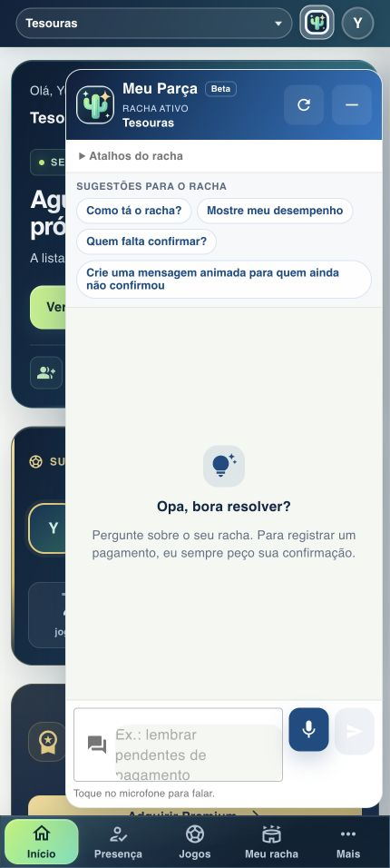 Meu Parça Beta no FutBora com sugestões de consultas e campo de mensagem