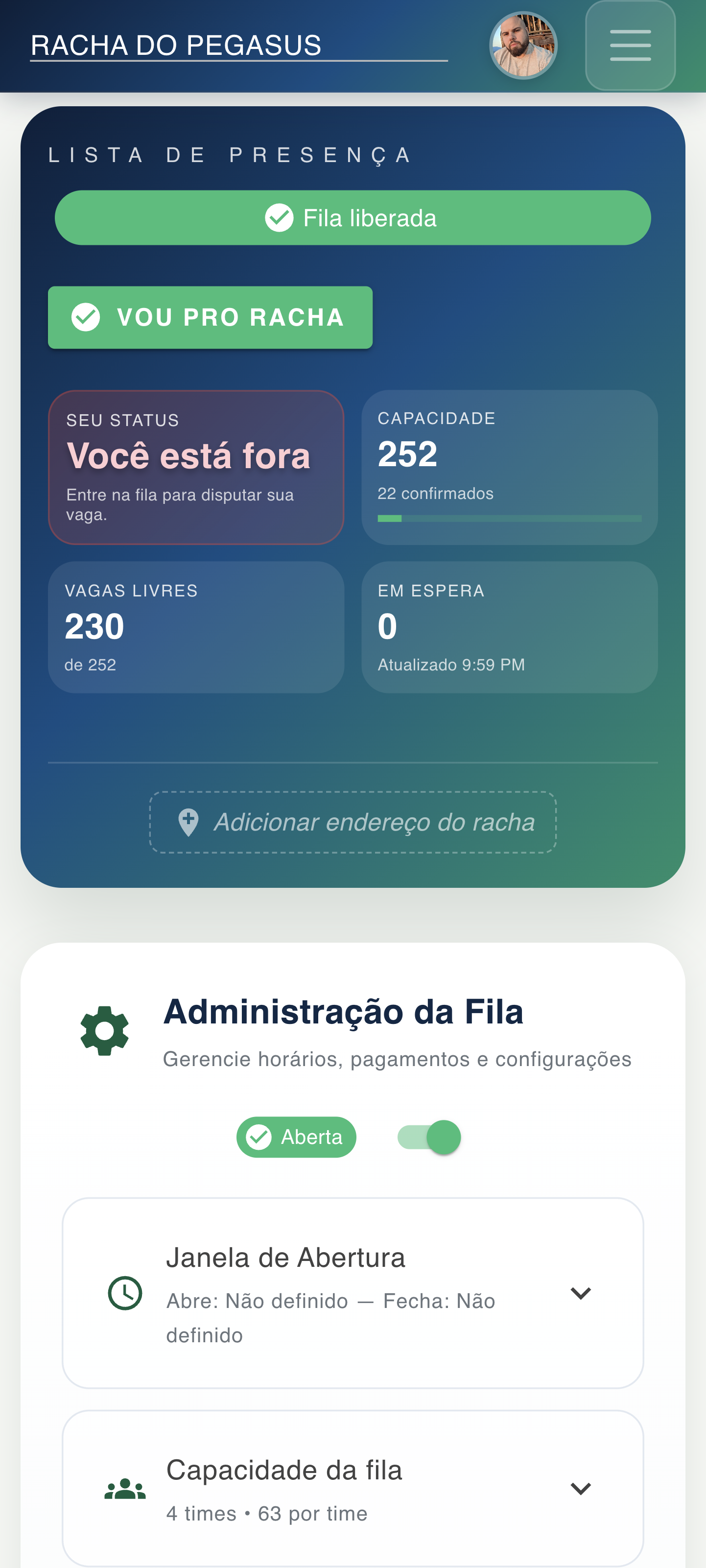 Tela do FutBora com lista de presença, fila liberada e administração da fila do racha